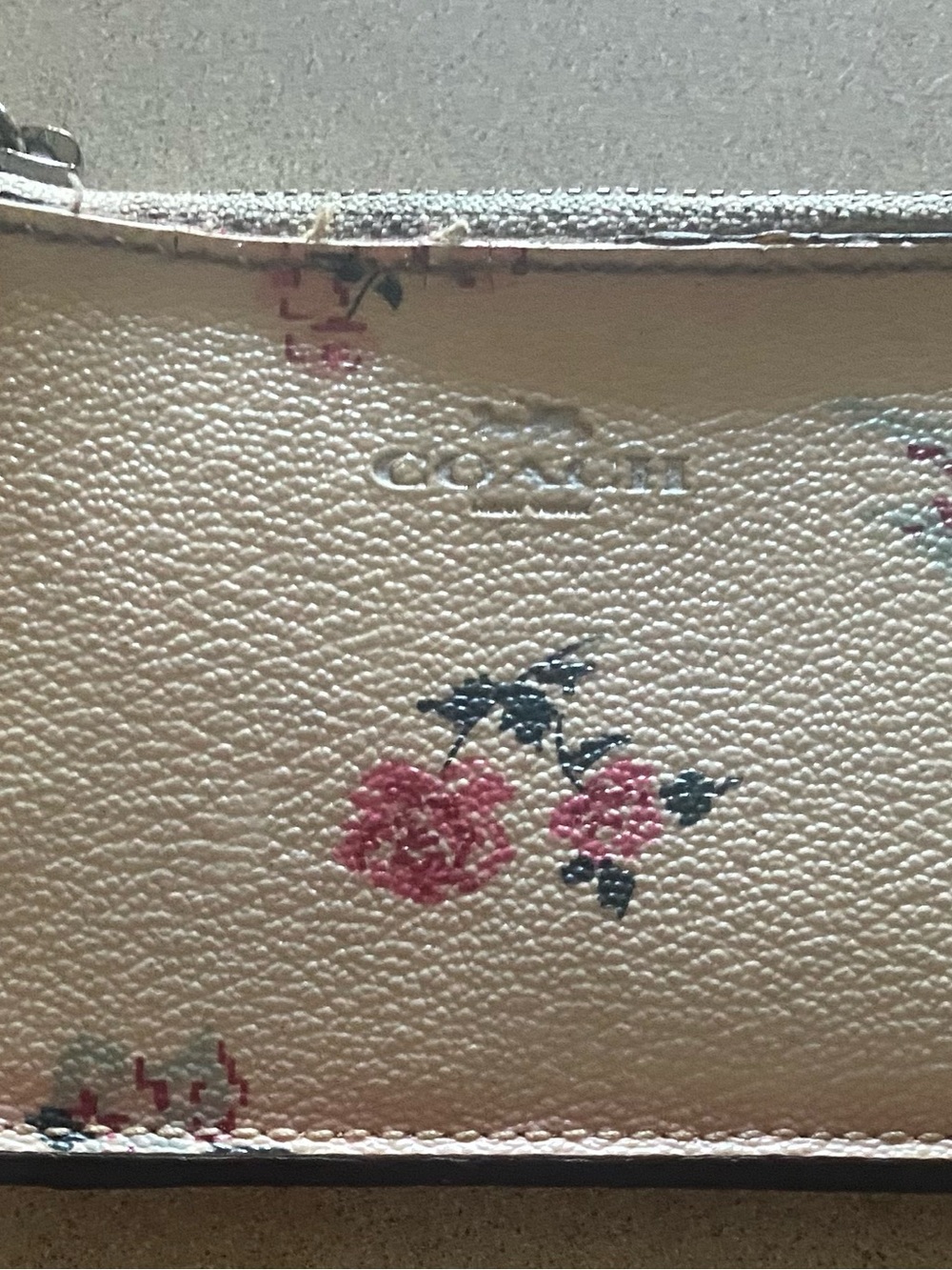 Coach Floral Print Leather card, wallet - Pink on Cream